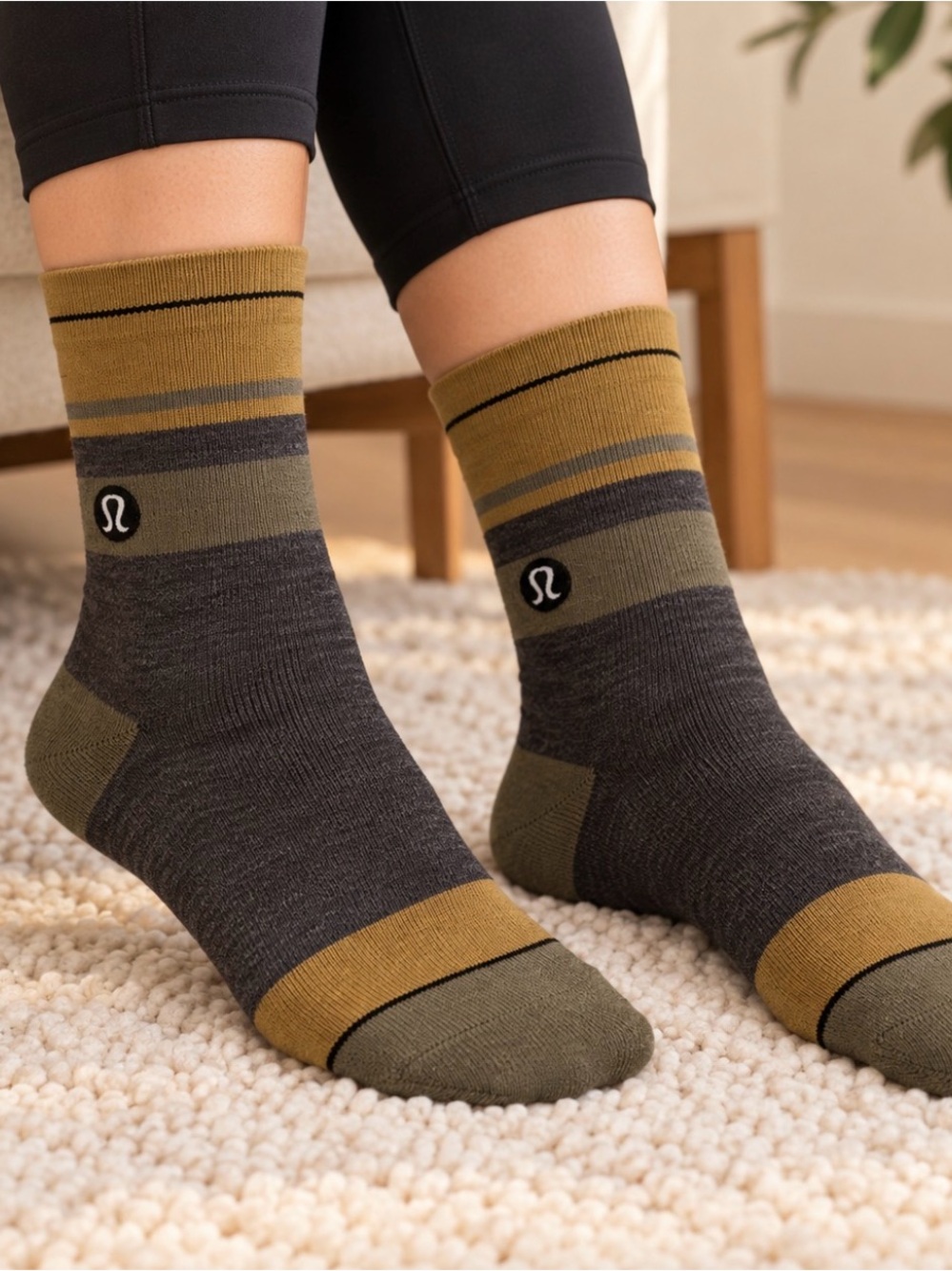lululemon Striped Crew Socks | Olive Mustard Charcoal | One Pair | Unisex